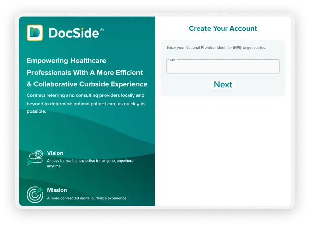 The Create Your Account process for the DocSide App.