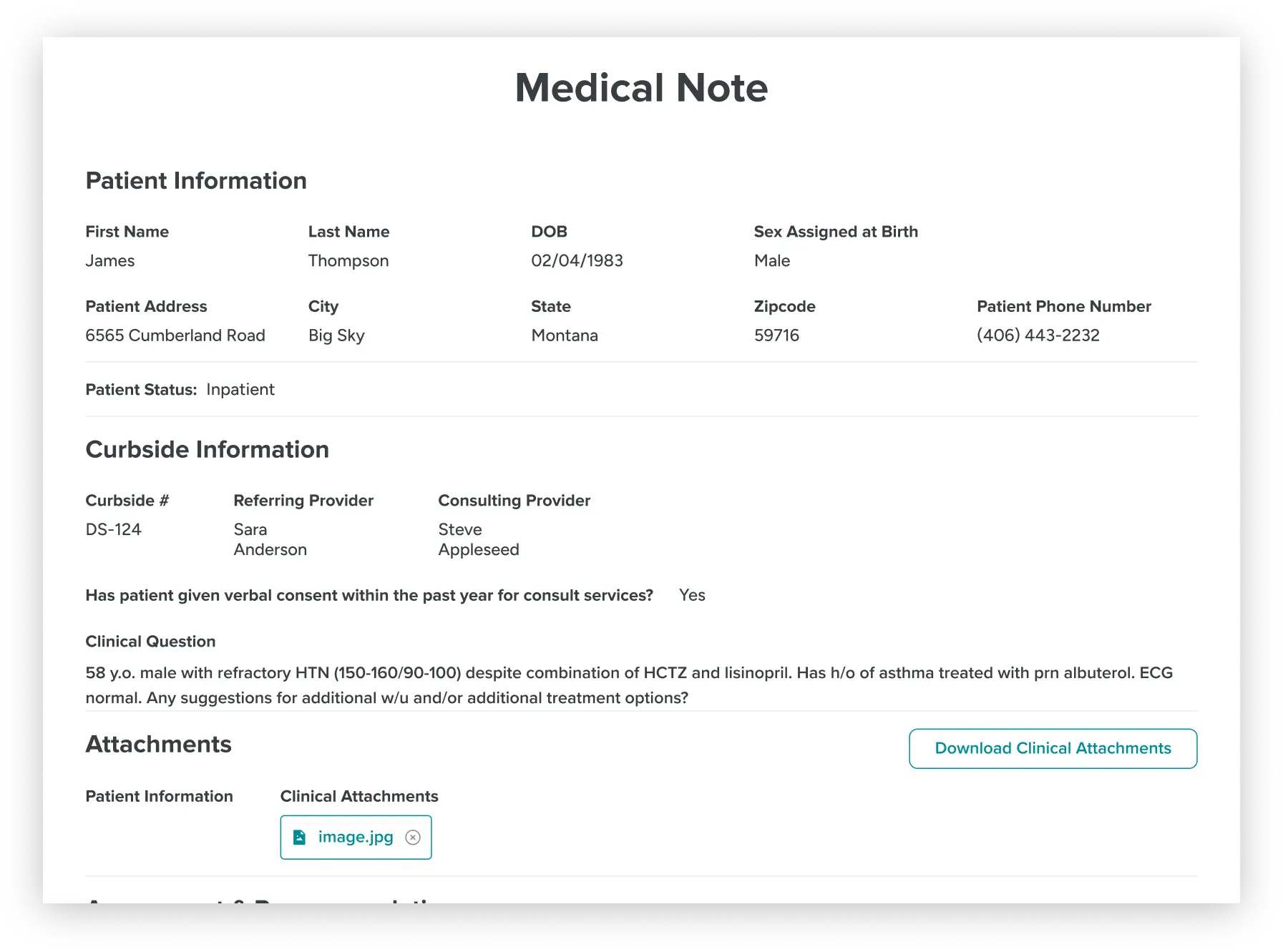 DocSide's digital medical note interface displaying patient details, curbside consultation records, and clinical attachments. Referring providers can securely document and share cases with consulting specialists for expert insights.