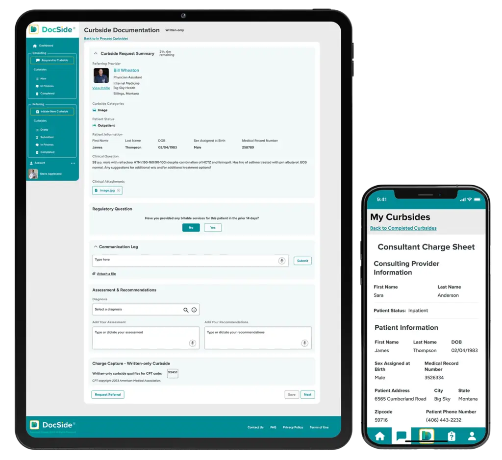 DocSide's digital curbside consultation platform displayed on a tablet and smartphone, allowing referring providers to document cases, consult specialists, and manage patient information seamlessly.