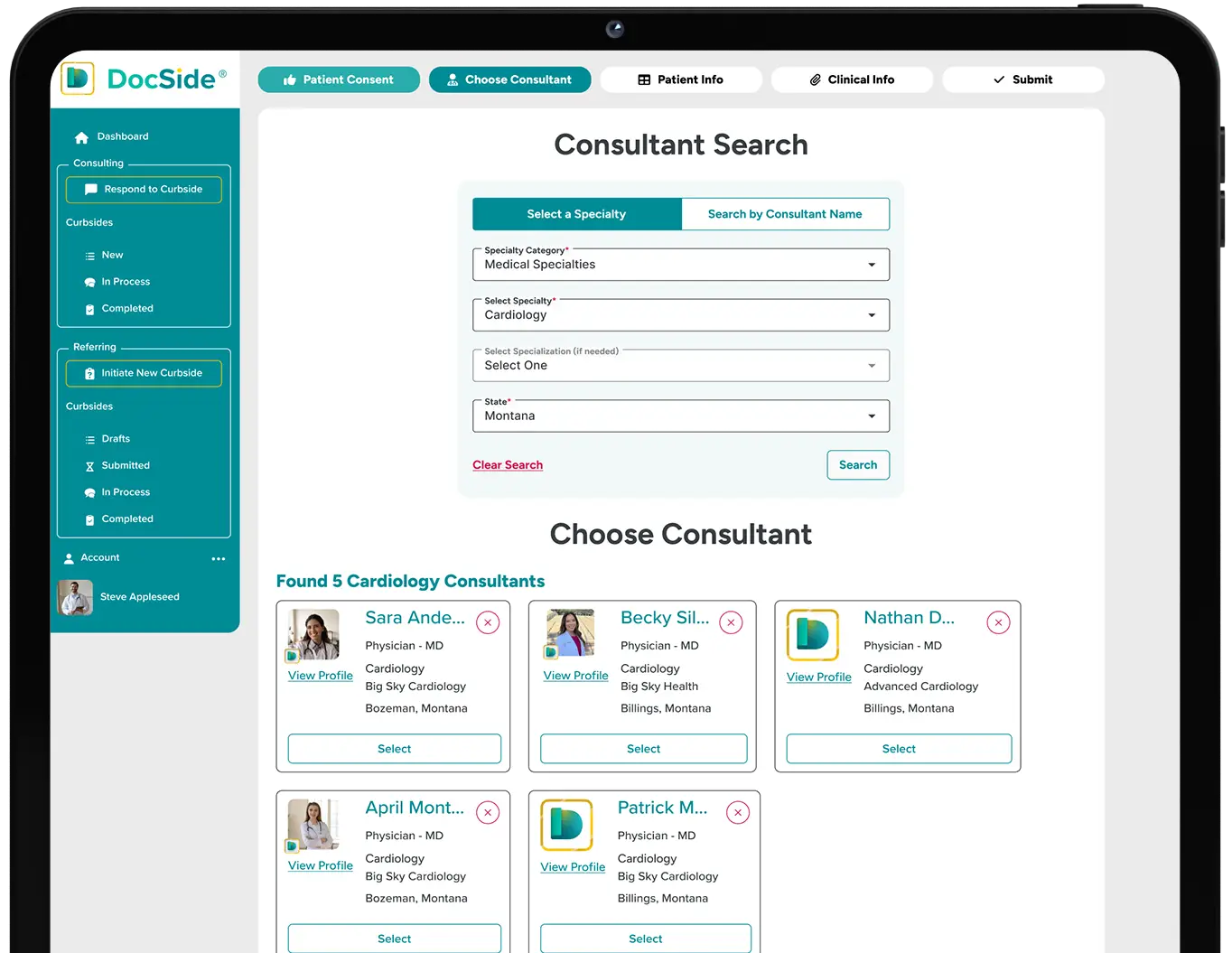 DocSide's consultant search interface, enabling referring providers to find and select consulting specialists by medical specialty, location, and expertise for efficient curbside consults.