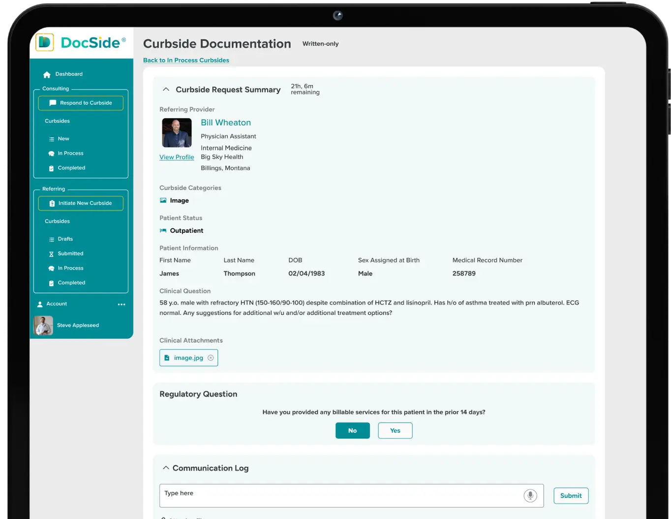 DocSide's curbside documentation interface displayed on a tablet, allowing referring providers to submit patient details, upload clinical attachments, and communicate with consulting specialists for expert guidance.