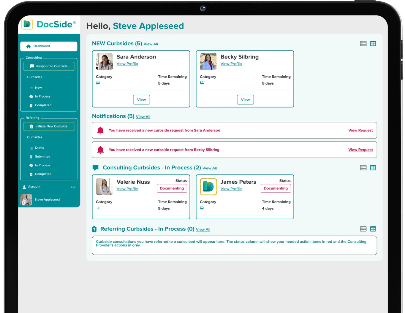 DocSide's provider dashboard displayed on a tablet, offering an overview of new curbside requests, notifications, and in-process consultations. Referring providers can efficiently manage and track patient cases.