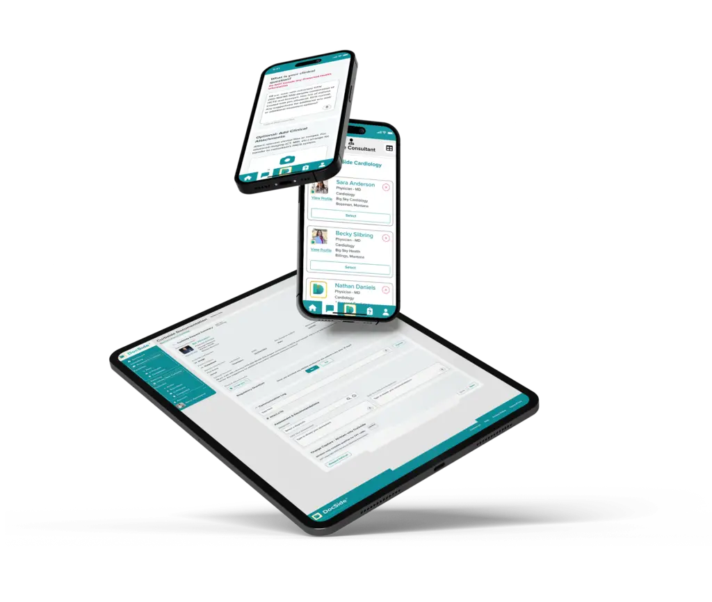 DocSide's digital platform displayed on a tablet and two smartphones, showcasing consultant search, clinical question submission, and curbside documentation. Referring providers can efficiently connect with consulting specialists and manage patient cases on the go.