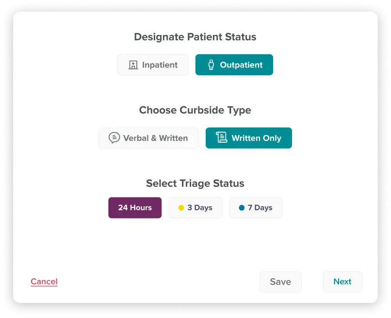 A screen that shows a simple way for Referring Providers to provide patient status for a curbside consult.