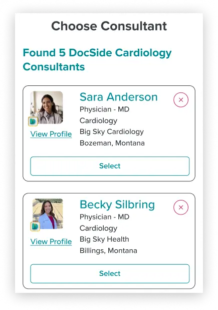 DocSide's consultant selection interface, allowing referring providers to choose from available cardiology specialists for a curbside consultation and expert medical guidance.