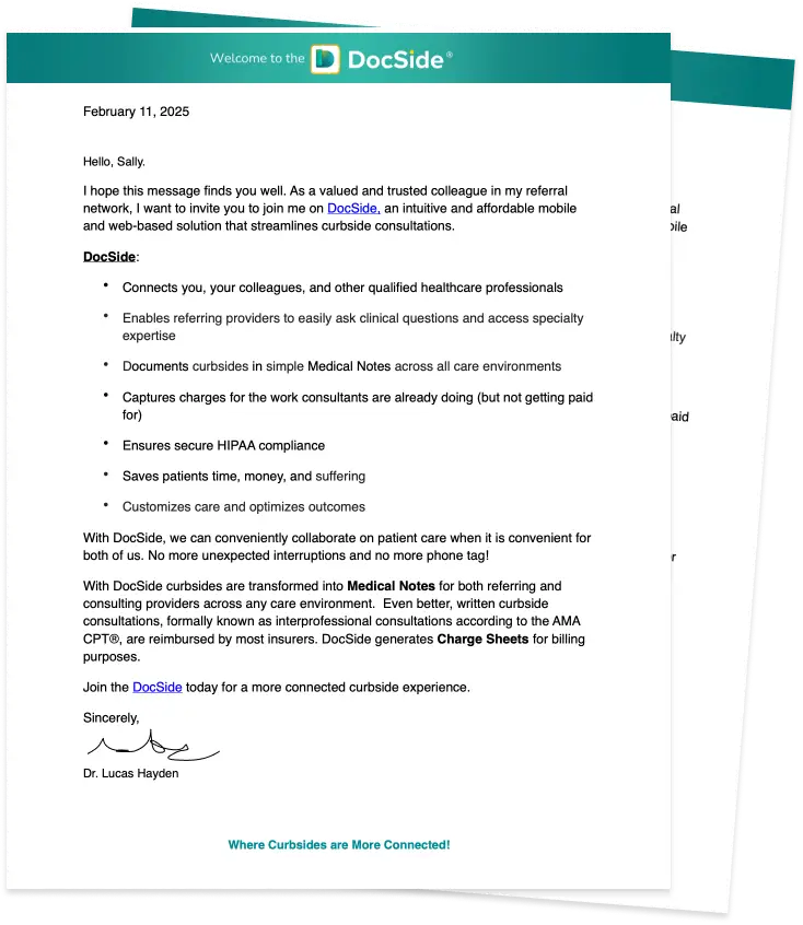 A letter inviting healthcare professionals to join DocSide, a digital platform that streamlines interprofessional consultations. DocSide enhances collaboration, secures HIPAA-compliant communication, and optimizes patient care.